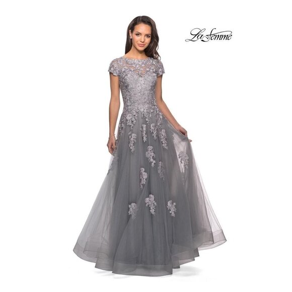 New LA FEMME EVENING Size 4 lace bodice tulle gown 26907 Silver **Small Hole** - Picture 1 of 16